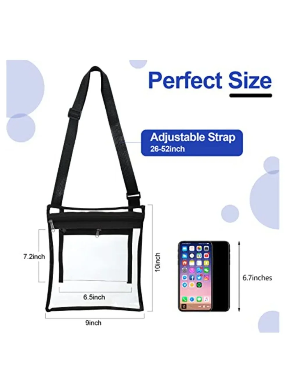 10 Clear PVC Stadium Approved Crossbody Bags with Adjustable Strap, Inner